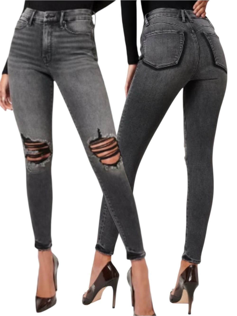 Good American Good Waist Shadow Pocket Ripped Skinny Jeans Black179 14/32